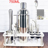 750ml/600ml Stainless Steel Bar Cocktail Shaker Set Barware Tools Shaker Sets with Wooden Rack