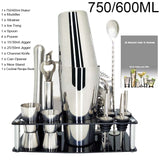 750ml/600ml Stainless Steel Bar Cocktail Shaker Set Barware Tools Shaker Sets with Wooden Rack